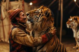 AI generated A circus animal trainer affectionately interacting with trained lions and tigers demonstrating trust and mutual respect photo