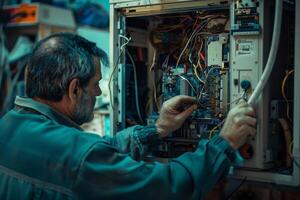 AI generated A TV repairman fixing a television set showcasing electronics repair abilities photo