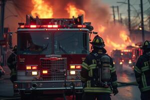AI generated Fire truck and firefighters team are extinguishing fire bokeh style background with generative ai photo