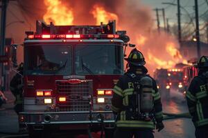 ai generado fuego camión y bomberos equipo son extinguir fuego bokeh estilo antecedentes con generativo ai foto