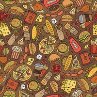 Cartoon cute hand drawn Fast food seamless pattern. vector