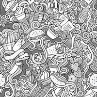 Cartoon hand-drawn doodles on the subject of fast food seamless pattern vector