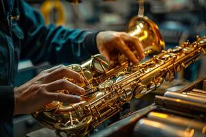 ai generado un musical instrumento reparar técnico fijación un saxofón exhibiendo saxofón reparar pericia foto