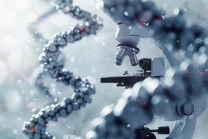 AI generated Microscope and DNA Strand in the concept of genetics or scientific research photo