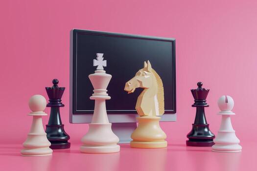AI generated Virtual Chess Pieces on Screen in the concept of online chess photo