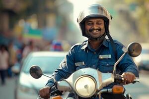 AI generated Indian policeman riding a motorcycle bokeh style background with generative ai photo