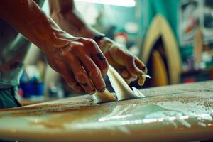 AI generated A surfboard repair technician fixing a damaged surfboard fin highlighting surfboard fin repair skills photo