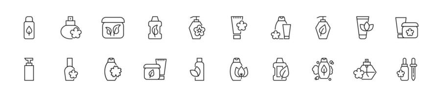 Collection of thin line icons of natural cosmetics bottles. Linear sign and editable stroke. Suitable for web sites, books, articles vector