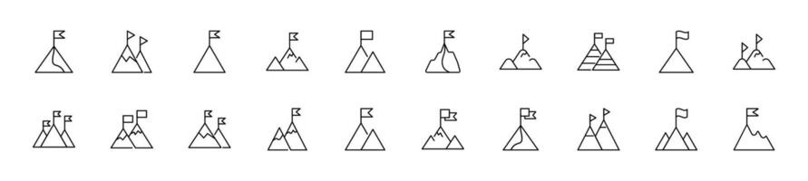 Collection of thin line icons of flag on top of mountains. Linear sign and editable stroke. Suitable for web sites, books, articles vector