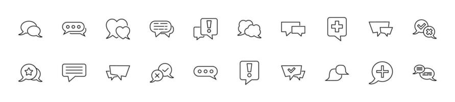 Collection of thin line icons of various elements inside of speech bubbles. Linear sign and editable stroke. Suitable for web sites, books, articles vector