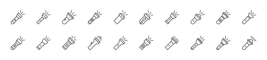 Collection of thin line icons of flashlight. Linear sign and editable stroke. Suitable for web sites, books, articles vector