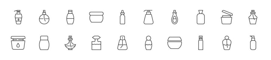 Collection of thin line icons of cosmetic bottles. Linear sign and editable stroke. Suitable for web sites, books, articles vector