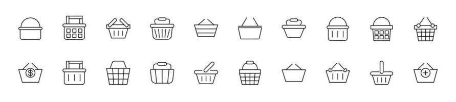 Collection of thin line icons of shopping basket. Linear sign and editable stroke. Suitable for web sites, books, articles vector