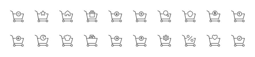 Collection of thin line icons of shopping carts by various symbols. Linear sign and editable stroke. Suitable for web sites, books, articles vector