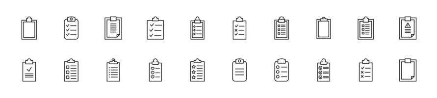 Collection of thin line icons of clipboard with various elements. Linear sign and editable stroke. Suitable for web sites, books, articles vector