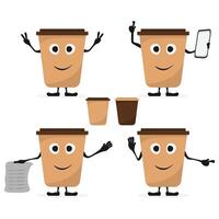 Set of cute happy coffee paper cup character with emotions. Cartoon character icon coffee to go vector