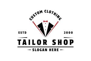 Fashion tailor logo design vintage retro style with jacket dress, needle and bow tie icon vector