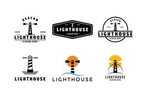 set of lighthouse beacon silhouette logo design vintage retro label vector