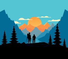 Hiking in the mountain vector landscape design illustration