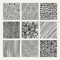 Abstract hand drawn patterns. Doodle dotted line, hatching, scribble shapes cartoon vector illustration set. Trendy linear and spotted patterns