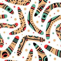 Aboriginal wooden boomerangs seamless pattern. Traditional australian boomerang, doodle native hunting weapon cartoon isolated vector illustration