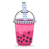 Doodle tapioca bubble milk tea. Cartoon sweet pearls boba tea, hand drawn taiwan milk tea cup, tasty soft drink cup vector illustration on white background