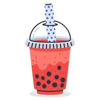 Cartoon bubble milk tea. Doodle tapioca pearls boba tea, hand drawn taiwan milk tea cup, soft drinks vector illustration on white background