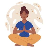 Cartoon meditating female character. Woman sitting in yoga lotus pose, tranquil human meditation. Stress relief and meditation flat vector illustration