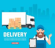 Delivery truck and deliveryman. Delivery concept design flat vector