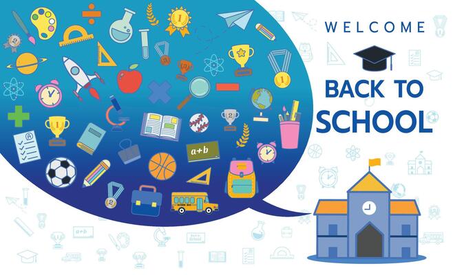 Horizontal banner of welcome back to school concept texture style with icon of supplies vector illustration