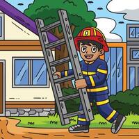 Firefighter with a Ladder Colored Cartoon vector