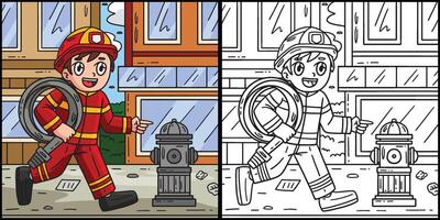 Firefighter and Fire Hydrant Coloring Illustration vector