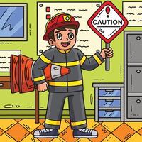 Firefighter with a Safety Sign Colored Cartoon vector
