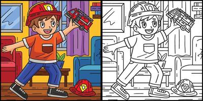 Child with Firefighter Truck Toy Illustration vector