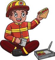 Firefighter Eating Lunch Cartoon Colored Clipart vector