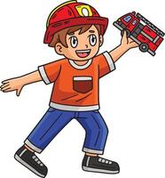 niño con bombero camión juguete dibujos animados clipart vector
