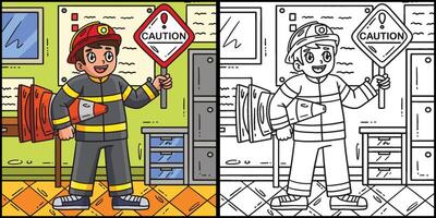 Firefighter with Safety Sign Coloring Illustration vector