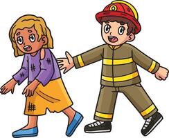 Firefighter Escorting a Survivor Cartoon Clipart vector