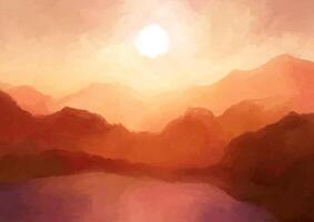 hand painted sunset mountains landscape vector