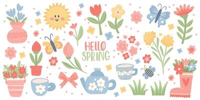conjunto de linda primavera elementos. primavera mano dibujado flores, mariposa, planta y otro. casa de campo estético pegatinas vector
