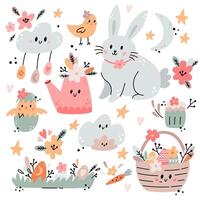 Easter set with bunny, basket, flowers, eggs, chick and design elements. Easter illustration with festive animals in boho style. Ideal for kids room decoration, clothing, prints. vector