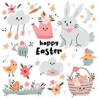 Easter set with bunny, basket, flowers, eggs, chick and design elements. Easter illustration with festive animals in boho style. Ideal for kids room decoration, clothing, prints. vector