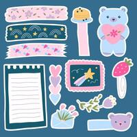 conjunto pegatinas señales y símbolos para organizado tu planificador. modelo para álbum de recortes, envase, cuadernos, diario. primavera pastel belleza recopilación. vector linda dibujos animados ilustración.