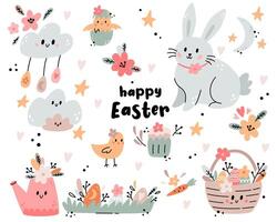 Easter set with bunny, basket, flowers, eggs, chick and design elements. Easter illustration with festive animals in boho style. Ideal for kids room decoration, clothing, prints. vector