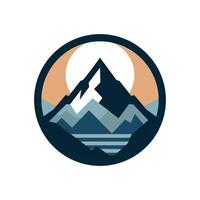 A logo of a mountain inside a circle, using flat design, solid colors, and minimalist style vector