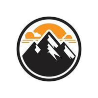 A logo of a mountain inside a circle, using flat design, solid colors, and minimalist style vector