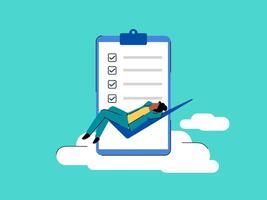 Finished work on time. Deadline compliance. Task completed on time. Worker resting after work on complete checkbox. Efficiency, productivity. Check list with checkmarks concept. Businesswoman relaxed vector