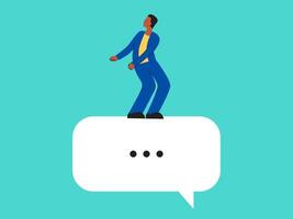 Businessman stands on message bubble. Happy man dancing on a pop-up window. Good news about work. Work message with space for text. Man rejoices at a good review, feedback vector