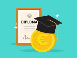 Cost of education. Success of qualified professionals. Euro coin, mortarboard graduation cap, framed diploma. Paying for college, university. Money for university, college, graduation vector