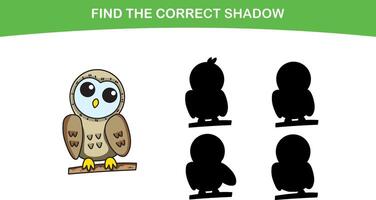 Funny cartoon owl. find the correct shadow. Kids Education games. Cartoon vector illustration